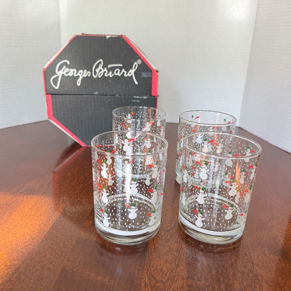Georges Briard Snowman Rocks Glasses Set 4 Clear White Red Green Holiday MCM